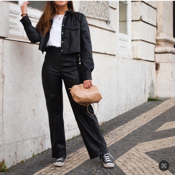 Zara * Faux Leather Straight Wide Full Length Pants - Picture 9 of 16